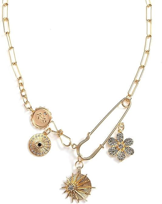 Glod Plated Boho Paperclip Chain Charm Necklace for Women Handmade Evil Eye Sun Moon Star Flower Coin Safety Pin Necklace Celestial Jewelry