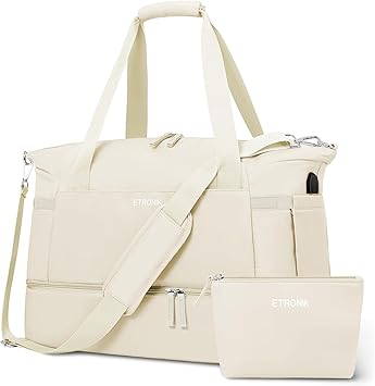 ETRONIK Gym Bag for Women, Personal Item Travel Bag with Shoes Compartment, Weekender Overnight Duffel Bag with Wet Pocket  USB Charging Port, Carry On Bag for Women, Travel, Gym, Weekend (Beige)