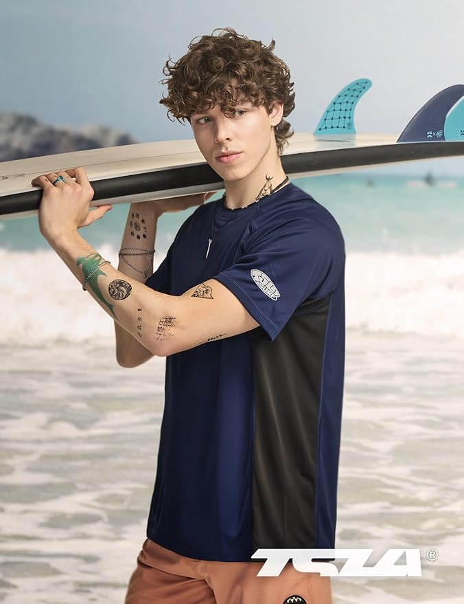 TSLA Men's Rashguard Swim Shirts, UPF 50+ Protection Quick Dry, Stretch Comfort Fit, Flatlock Seams, Outdoor & Water Sports