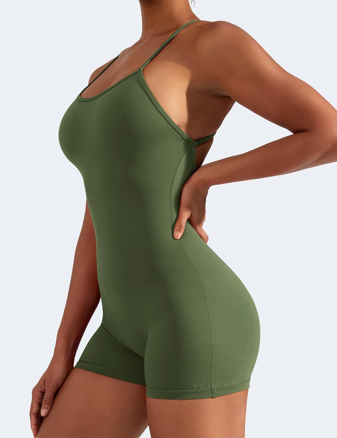 YEOREO Backless Tummy Control Jumpsuits for Women One Piece Workout Jumpsuits Sleeveless V Back Lizvette Scrunch Yoga Rompers.
