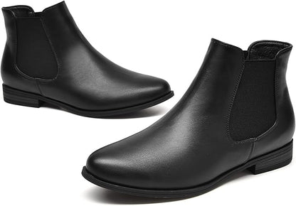 VJH confort Women's Slip on Ankle Boot, Western Almond Round Toe Low Heel Elastic Chelsea Bootie