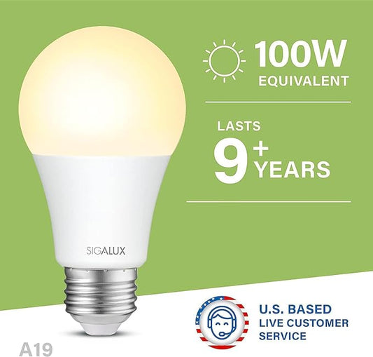 Sigalux LED Light Bulbs 100W Equivalent, A19 Standard 2700K Soft White, Non-Dimmable Energy Efficient 13W Warm E26 Medium Base, 1500LM, UL Listed, 12 Pack