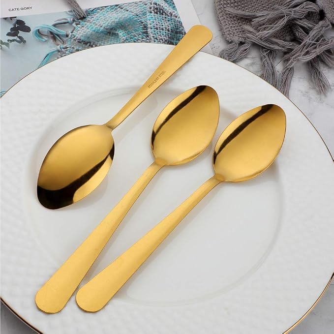 7 Inch Premium Stainless Steel Teaspoons Silverware Dongbo Dinner Spoons Rustic Spoons Flatware Set of 12 for Home Kitchen or Restaurant Dishwasher Safe Gold