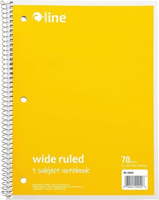 C-Line 1 Subject Notebook, 8 x 10-12 Inches, Wide Ruled, Yellow, 70 Sheets