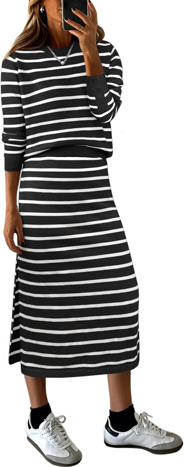 ANRABESS Women 2 Piece Striped Sweater Skirt Set | Cozy Knit Matching Outfit, Crew Neck Long Sleeve Top, Midi Pencil Skirt, Fall Winter Clothes for Work, Casual Outing, Travel