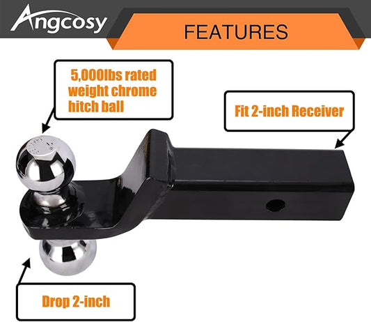 Double Ball Welded Tow Ball Bracket, 2 inches (5000 lbs) and 2-516 inches (7500 lbs) - Drop 2 inches, length 8-14 inches, hollow, black powder coated