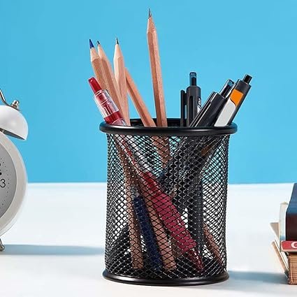 AKOAK 1 Count Desktop Pen Holder, Creative Grid Metal Pen Holder, Round Desktop Accessory and Workspace Organizer for Home, School and Office (Black)