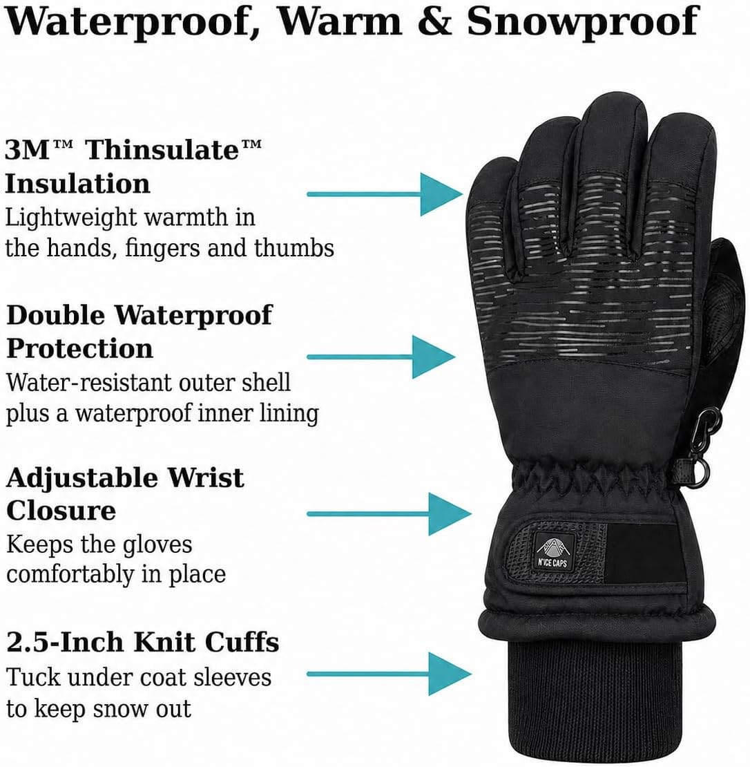 N'Ice Caps Kids Waterproof Winter Thinsulate Warm Gloves (10-12 years)