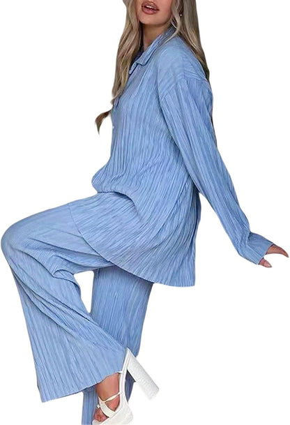 Fuguibadn Women 2 Piece Lounge Outfit Casual Long Sleeve Button Down Shirt Flared Pleated Wide Leg Pants Set Streetwear.