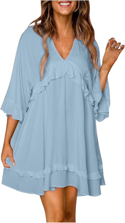 Womens 2024 Summer V-Neck Ruffle Loose Short Sleeve Mini Dress A Line Swing Mini Beach Vacation Sundress
