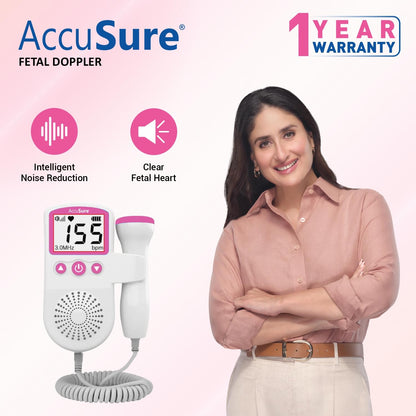 AccuSure Fetal Doppler Heart Rate Monitor, Headphone Jack Built in Speaker - (White and Pink).