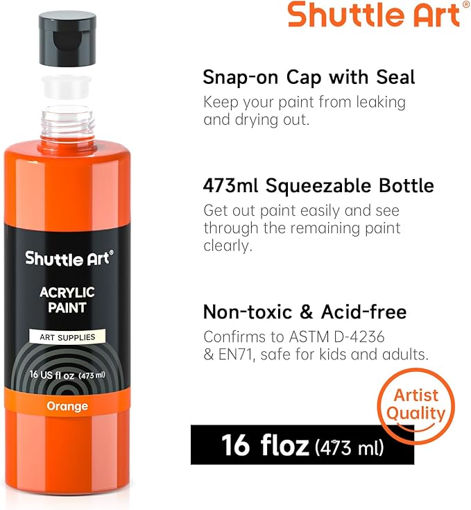 Shuttle Art Acrylic Paint, 12 Colors Acrylic Paint Large Bottle Set, 473ml/16oz Each, Rich Pigments, High Viscosity, Bulk Paint for Artists, Beginners and Kids on Rocks Crafts Canvas Wood Ceramic