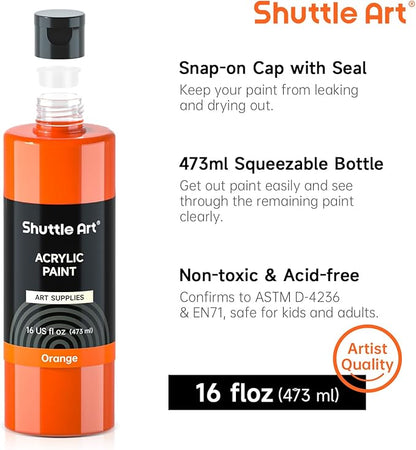 Shuttle Art Acrylic Paint, 12 Colors Acrylic Paint Large Bottle Set, 473ml/16oz Each, Rich Pigments, High Viscosity, Bulk Paint for Artists, Beginners and Kids on Rocks Crafts Canvas Wood Ceramic