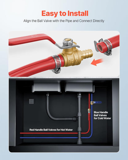 VEVOR PEX Ball Valve, 10 Pieces (5 Red, 5 Blue), 1/2 in PEX Brass Ball Valve, PEX Full Port Brass Ball Valves, Quarter Turn Hot (Red) Cold (Blue) PEX Full Port Ball Valve, for Kitchen, Hydronic Heating, Bathroom