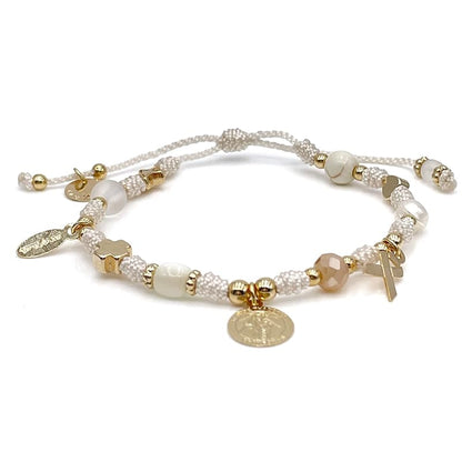 St Jude Thaddeus Blessed Bracelet for Health Pray Saint of Hope and Impossible Causes Pulsera de San Judas Adjustable Religious Jewelry for Women and Teenagers (Ivory)