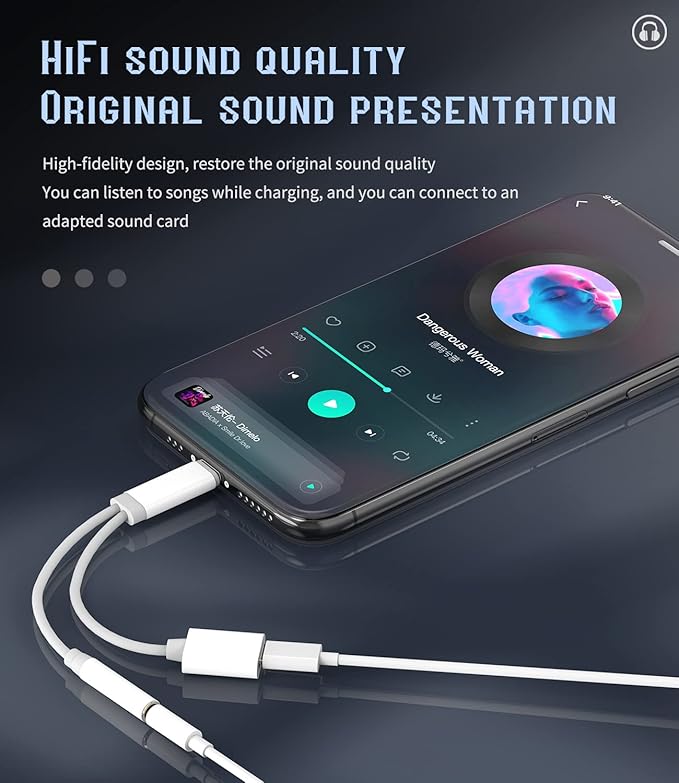 Iphone AUX Adapter for Headphone Jack Cable Dongle 2in1 Lightning to 3.5mm Splitter Charge Cord MFI Certified Audio Charging Adaptador Para for 13 12 11 Pro Max Mini X 8 7 Plus Ipad Music Earbud