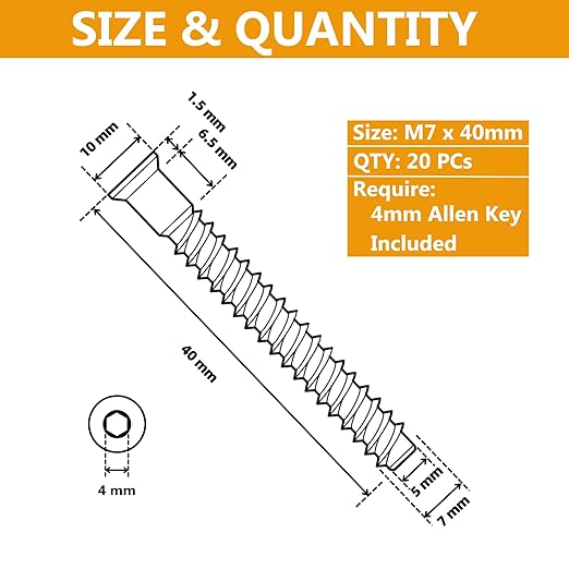M7 x 40mm Confirmat Screws Black 20 PCs, Hex Socket Drive Countersunk Furniture Connecting Self-Tapping Screw Set Carbon Steel Zinc Plated