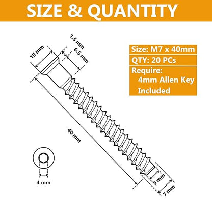 M7 x 40mm Confirmat Screws Black 20 PCs, Hex Socket Drive Countersunk Furniture Connecting Self-Tapping Screw Set Carbon Steel Zinc Plated