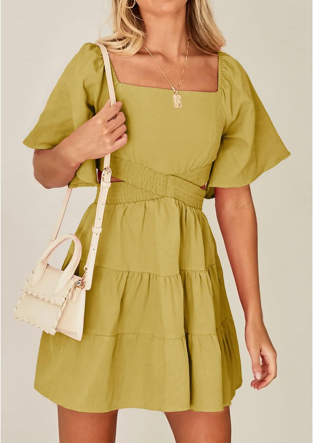 Senllen Womens Summer Dresses 2026 Short-Sleeve Square Neck Mini Dress Crossover Elastic Waist Casual Party Tiered Dress