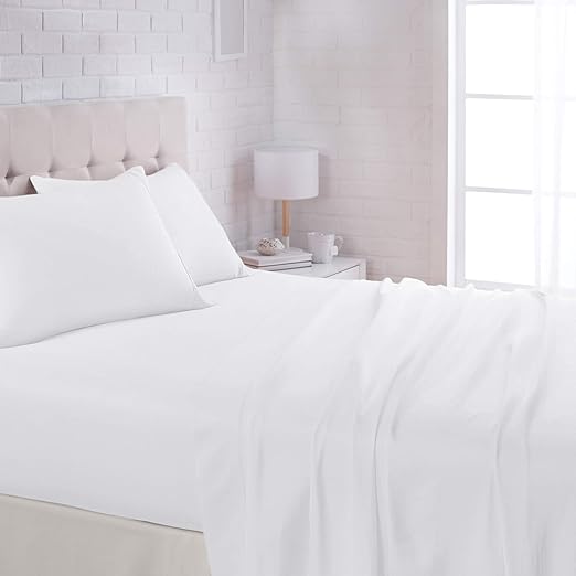 Basics - 4 Piece Microfiber Lightweight Wrinkle-free Bed Sheet Set, Super Soft Easy Care, 14'' Deep Pockets, Queen, Bright White, Solid