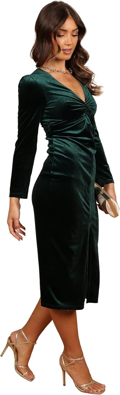 Petal & Pup Women's Lisse Twist Front Long Sleeve Velvet Midi Dress.
