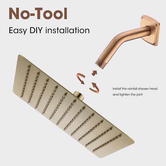 10 Inch (25CM) Square Rainfall Shower Head, 304 Stainless Steel, Ultra Thin Pressure Boosting High Pressure Rain Bathroom Rainfall Showerhead Wallceiling Installation,Matte Brushed Gold
