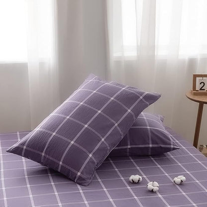 FACE TWO FACE Bedding Duvet Cover Set 3 Pieces 100 Washed Cotton Duvet Cover Linen Like Textured Breathable Durable Soft Comfy(Queen, Purple Grid)