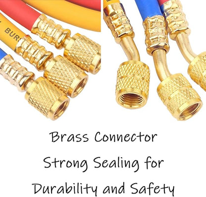 3PCS Refrigerant Charging Hose 60" Length 600-3000PSI 14" Thread Fits for R12 R22 R134A 404 502 Car Air Conditioning and HVAC Charging Manifold Gauge Hose Tube RedYellowBlue Three Colors