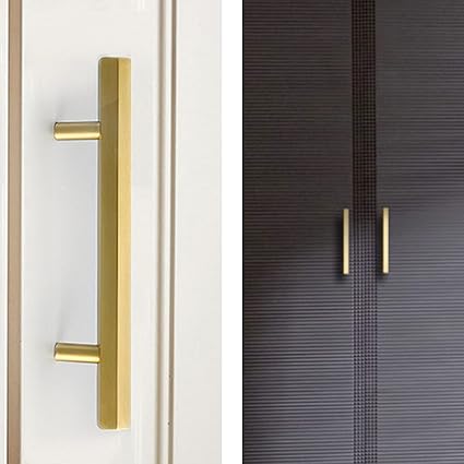 TooCust 2 Pack Brushed Brass Kitchen Cabinet Handles, Cabinet Pulls with 3 Inch (76mm) Hole Centers, Gold Dresser Handle with Brushed Finish, Modern Furniture Drawer Knobs