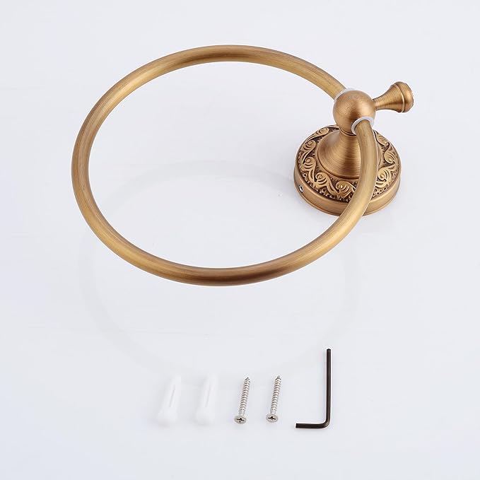 Wall Mounted Bathroom Towel Ring, Bath Towel Hanger Antique Brass Pattern Carving,Brushed Bronze