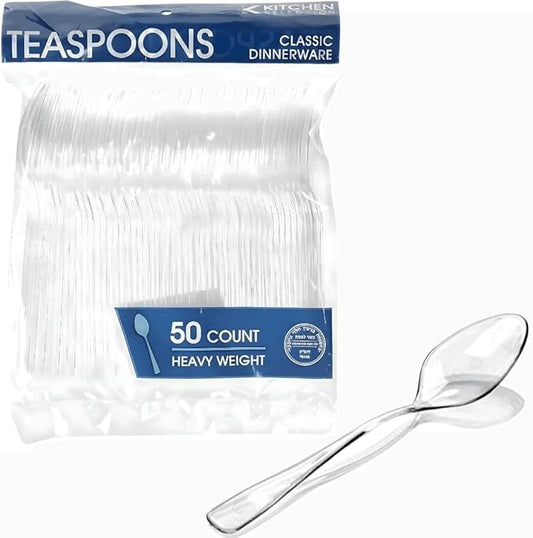 Classic Plastic Teaspoons (50 Count) - Durable Clear Plastic Spoons Heavy Duty, Premium Disposable Spoons for Weddings, Dinners, Everyday Flatware & Party Supplies