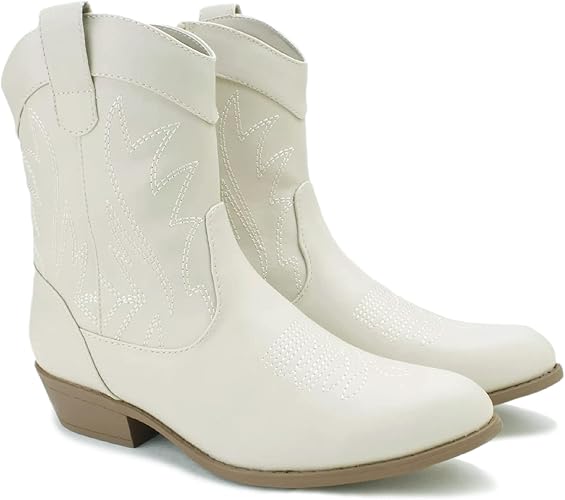 PEPPEP Western Cowgirl Cowboy Ankle Boots for Women or Ladies, Mid Calf, Vegan Leather Embroidered Upper, Low Heel, Fashionable Pointed-toe, Well Made
