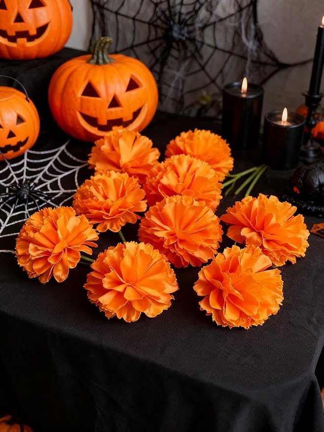 50Pcs Artificial Marigold Flower Heads Silk Marigold Flowers Dia De Los Muertos Bulk Fake Artificial Flowers with 50pcs Stem for Day of The Dead/Halloween/Cake/Desktop/wreath DIY Decorations (Orange)