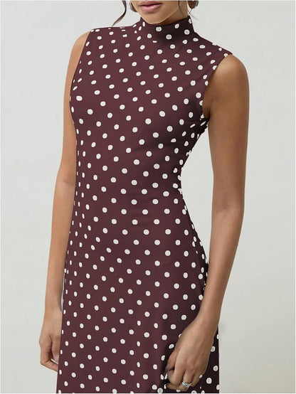 Milumia Women's Polka Dots Maxi Tank Dress Vintage Mock Neck Sleeveless Elegant Long Dresses.