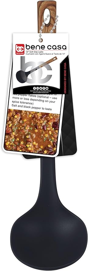 Bene Casa - Black Ladle with Wood Like Handle, Heat Resistant. Black Ladle wWood Like Handle, 14"