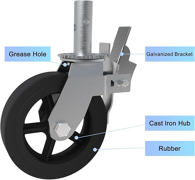 8 Inch Scaffolding Wheels, Scaffold Caster with Dual Locking Brakes, Heavy Duty 750LBS Rubber Caters 1-38" Solid Round Stem Replacement for Scaffold Workbench Shelves