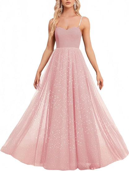 YHHOWEP Women's Sparkly Prom Gowns Glitter Sequin Tulle A Line Long Formal Evening Gown Dresses High Waist Maxi Party Dress .