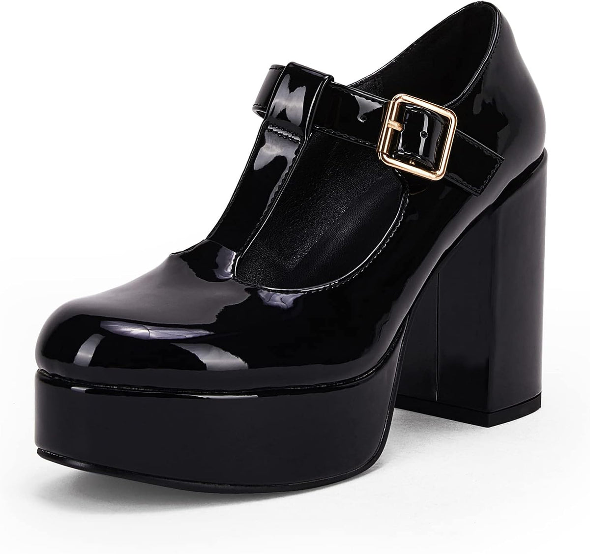 Coutgo Womens' T-Strap Round Toe Chunky Platform Heels Patent Mary Jane Dress Shoes .