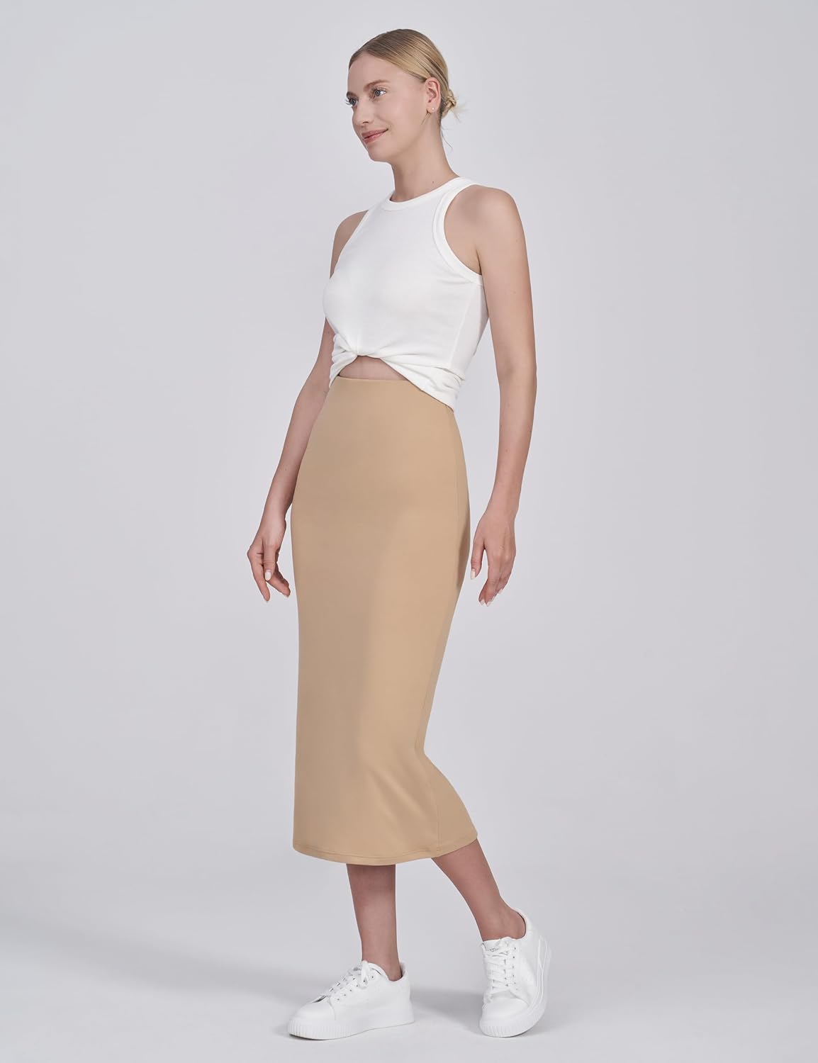 POSHDIVAH Women's Maternity Skirt Over The Belly Midi High Waisted Solid Stretchy Pregnancy Pencil Skirt