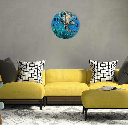 Naanle 3D Tropical Underwater Swimming Sea Turtle Print Round Wall Clock, 9.5 Inch Battery Operated Quartz Analog Quiet Desk Clock for Home,Office,School