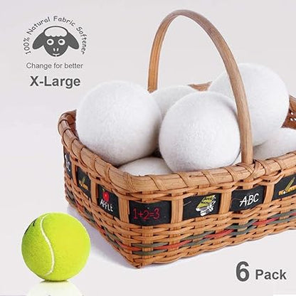 Wool Dryer Balls Organic XL 6-Pack, 100 New Zealand Chemical Free Fabric Softener for 1000 Loads, Baby Safe  Hypoallergenic, Reduce Wrinkles  Shorten Drying Time Naturally