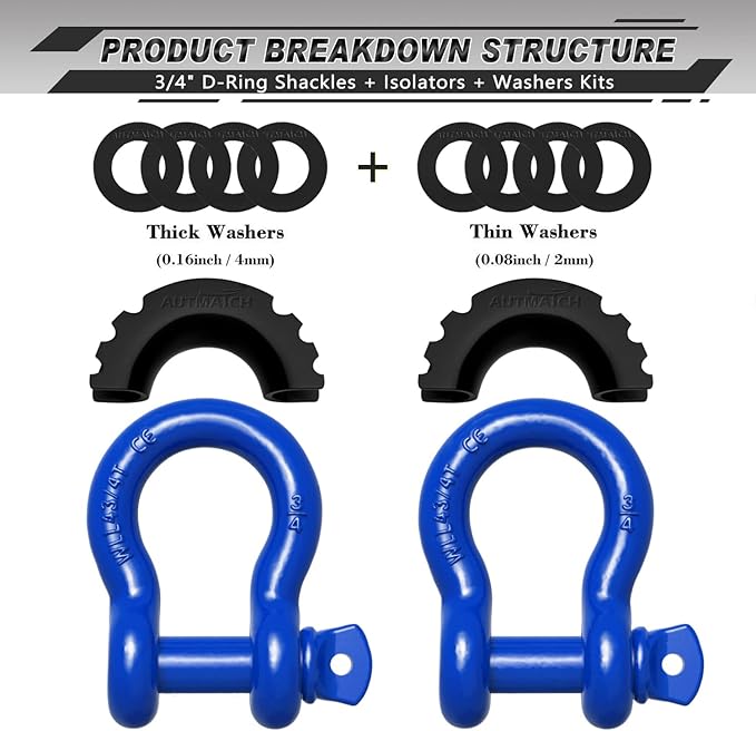 AUTMATCH D Ring Shackle 34" Shackles (2 Pack) 41,887Ibs Break Strength - Clevis Shackle with 78" Screw Pin and Shackle Isolator Washers Kit for Tow Strap Winch Off Road Vehicle Recovery, Blue