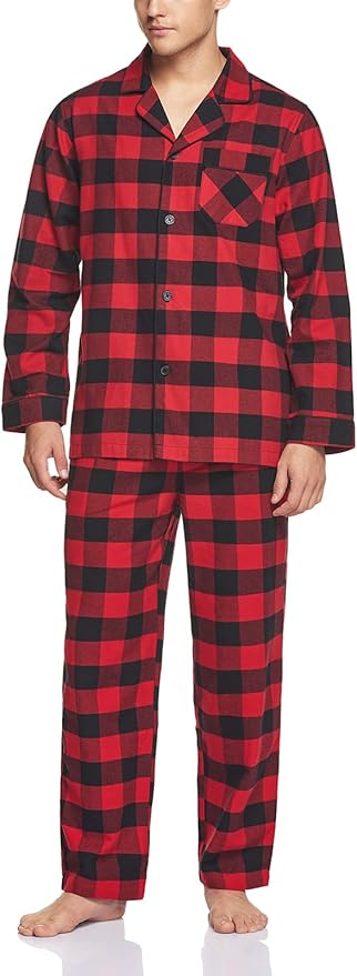 CQR Men's 100% Cotton Plaid Flannel Pajama Set, Brushed Soft Lounge & Sleep PJ Top & Bottom with Pockets