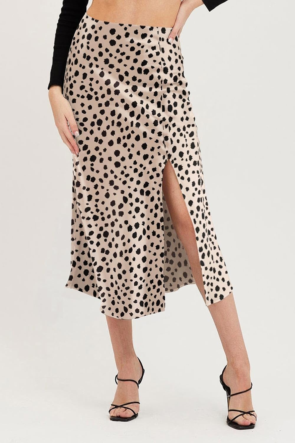 Keasmto Leopard Print Skirt for Women Cheetah High Waist Silk Satin Elasticized Skirt