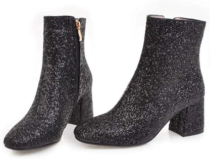 Elyffany Womens Mid Block Heel Glitter Ankle Boots Ladies Zipper Party Prom Booties