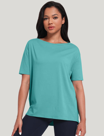 HeyNuts Women's Pima Cotton Short Sleeve Workou Shirt Boat Neck Loose Fit T-Shirts Athletic Tops Casual Shirts