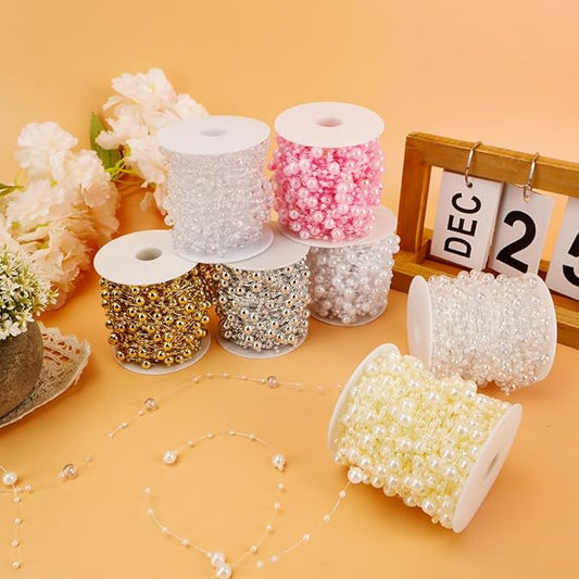 Pearl Bead Garland 98 Ft Artificial Pearls String Strand of Pearls Beads Chain Pearl Garland Roll Bead Garland for Christmas Tree DIY Crafts Bouquet Home Wedding Party Decorations(White)