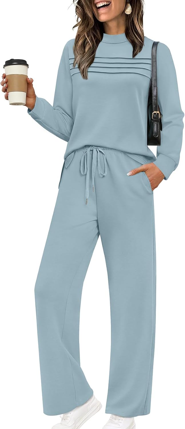 WIHOLL Two Piece Sets for Women Spring Travel Vacation Outfits 2026 Long Sleeve Lounge Sets Side Slit Wide Leg Pants S-3XL.