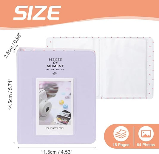 uxcell 64 Pockets Photos Album, Leather Cover 2 x 3 Small Photo Album with Front Window Instant Film Photo Album Book for Instant Camera Film, (Light Purple)