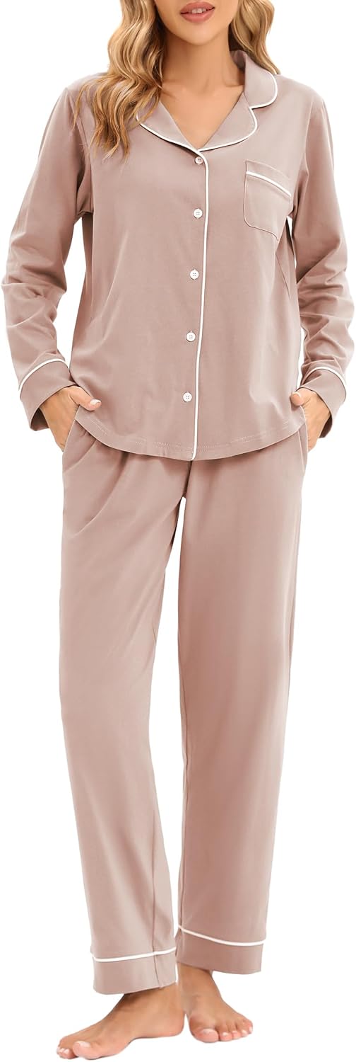 LUBOT 100% Cotton Pajamas for Women Pajama Set Soft 2 Piece Sleepwear PJ Set Long Sleeve Button Knit Cozy Loungewear XS-XXL